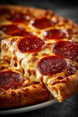 Steaming hot pepperoni pizza slice with melting cheese, close-up. Delicious fresh pizza with strands of melted cheese.	
