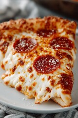 Steaming hot pepperoni pizza slice with melting cheese, close-up. Delicious fresh pizza with strands of melted cheese.	

