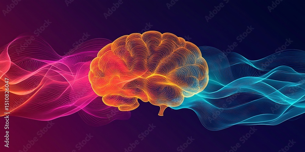 Poster abstract brainwave network: glowing brain with colorful digital waves