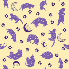 Naklejka premium Mystical seamless pattern of cats in boho style, silhouette collection. Esotericism and mysticism, occultism. Cartoon flat vector illustrations, isolated