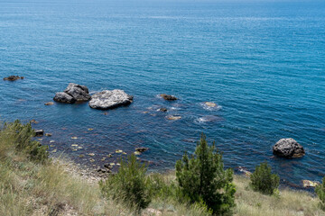 Rock in the sea bay. Sea bay rock view. Landscape of sea bay