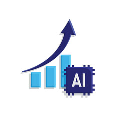 Automation icon. Data Analysis symbol. ai and rising graph. Depicts technology, future, artificial intelligence. Isometric design style