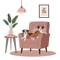 Two Boxer Dogs Relaxing on a Pink Armchair in a Stylish Living Room Illustration
