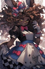 Whimsical anime character, animal features, fluffy tail, red bow, white gloves, fantastical setting