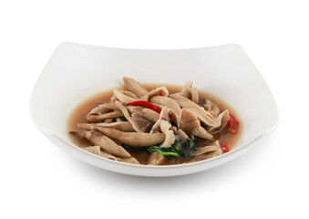 Termite mushrooms curry in white plate isolated on white background with clipping path,Teratophilia ,Termitomyces fuliginosus Heim, Edible thai mushroom.