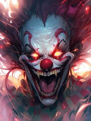 Stylized anime clown face, menacing grin, glowing red eyes, dark background, digital painting.