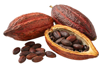 Whole Cocoa Pods with One Pod Broken Open Showing Beans Isolated on Transparent Background
