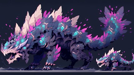 Two dragon like creatures with vibrant tails and glowing blue eyes, pixel art background, fantasy.