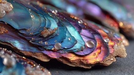 Iridescent layered crystal with water droplets and gold edge