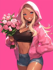 Cheerful blonde anime girl with flowers