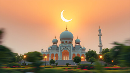 Ramadan kareem with scene mosque at sunset background 