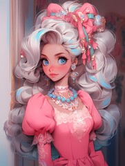 Young anime woman portrait with blue eyes and long wavy hair illustration