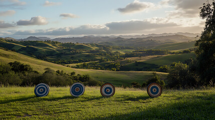 Archery targets set against a backdrop of rolling green hills under a partly cloudy sky