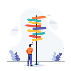 Man Confused at Crossroads with Many Directional Sign Arrows Decision Making and Dilemma Flat Vector Illustration
