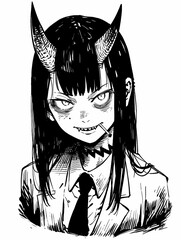 Striking anime character, long dark hair, pointed ears, sharp teeth, holding cigarette, rebellious attitude, monochrome style.