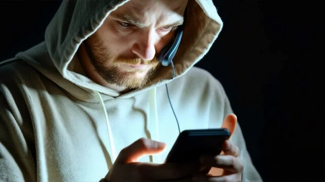 Scammer wearing a hoodie is talking on a cell phone, scamming and criminal concept