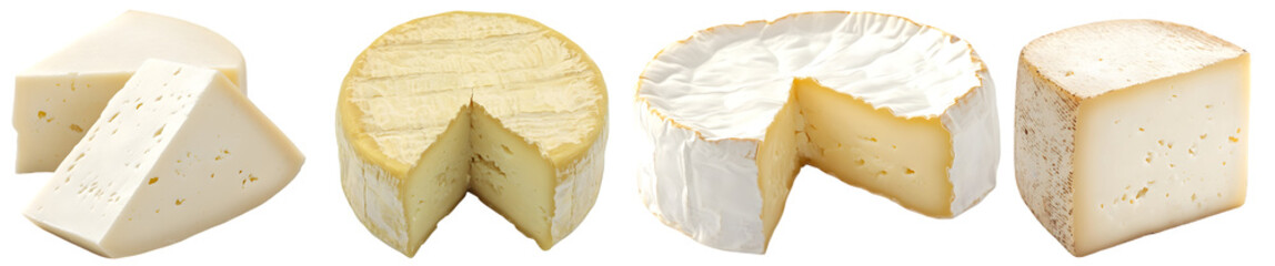 Collection of gourmet soft white cheeses including brie and camembert, isolated on transparent background
