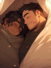 Two individuals share cozy moment under blanket, smiling, facial hair, brown shirts, warm comfortable setting