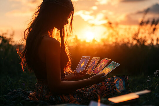 Silhouette of a fortune teller reading tarot cards