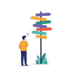 Man Standing Before a Signpost with Many Arrows Contemplating Which Direction to Take in Life and Career © ArtBySalea07