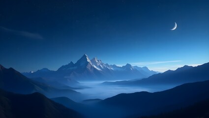 Majestic mountains serene night sky crescent moon breathtaking view nature's beauty