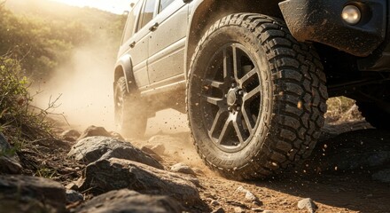 An off-road vehicle drives over rugged rocks, kicking up dust in the warm light of sunset