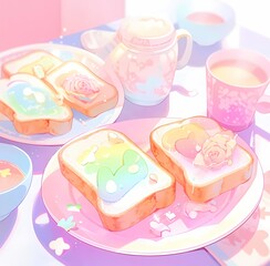Anime still life, breakfast scene, toast with floral toppings, teacup, whimsical illustration.