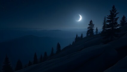 Serene moonlit night majestic mountains tranquil forest breathtaking view