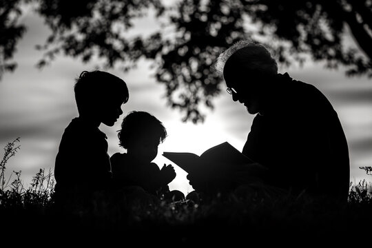 Silhouette of a grandfather telling stories to his grandchildren