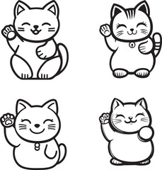 Maneki Neko Lucky Cat Line Art Set – Cute Japanese Waving Cat Illustrations for Good Fortune and Decor