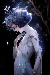 Woman with blue hair in gemstone adorned dress stands against dark background