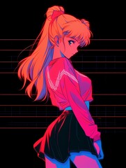 Anime woman portrait, blue eyes, blonde hair, dark background, pink top, red bow, confident expression, illustration