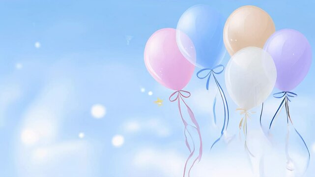 Colorful balloons in pastel shades float against a dreamy blue background, surrounded by sparkling stars and festive ribbons, creating a joyful celebration atmosphere