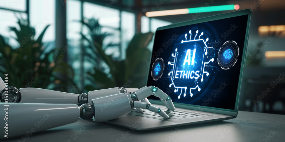 Poster ai ethics responsibility standard law and rules on computer screen provide report of ai ethic transp