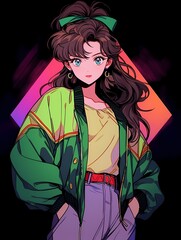 Anime young woman portrait, brown hair, green jacket, blue jeans, calm expression.