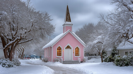 Vibrant church steeple under softly falling snow in winter landscape
