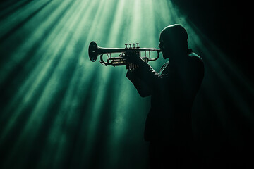 Silhouette of a jazz trumpeter playing under a spotlight
