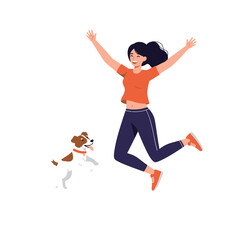 Excited Woman Jumping with Joyful Dog on White Background Celebrating Success and Happiness Together