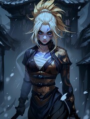 Obraz premium Resolute anime warrior, piercing blue eyes, dark navy blue and gold armor, intricate patterns.