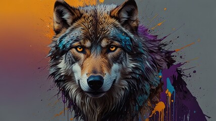 Wolf portrait with vibrant splashes of color