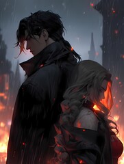 A young man and woman stand back-to-back, silhouetted against a city ablaze, lost in thought amidst the chaos and destruction.