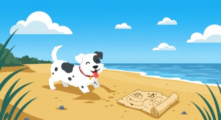 Happy dog digs on sandy beach, curiously exploring a treasure map under a bright blue sky