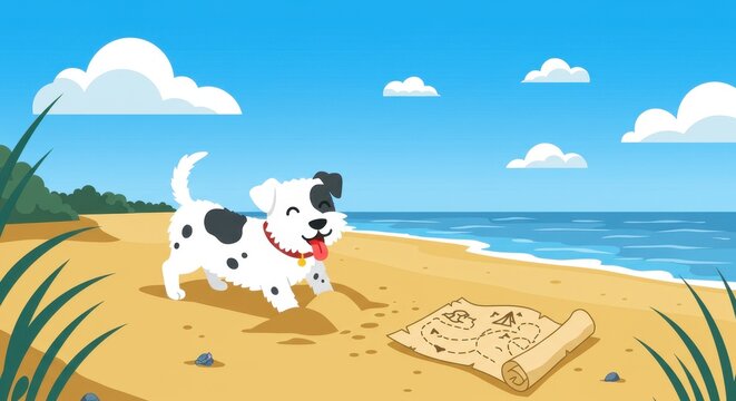 Happy dog digs on sandy beach, curiously exploring a treasure map under a bright blue sky
