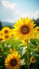 Obraz premium Vibrant yellow sunflowers bask in the warm sunlight, their faces tilted towards the sun in a field of golden blooms A picturesque summer scene of nature's beauty , outdoor, day, growth
