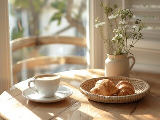cozy balcony breakfast with coffee and croissant, wooden table, soft morning light, minimalist style, pastel beige and white tones, negative space at top