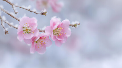 Fototapeta premium A stunning pink blossom branch in a snowy winter landscape