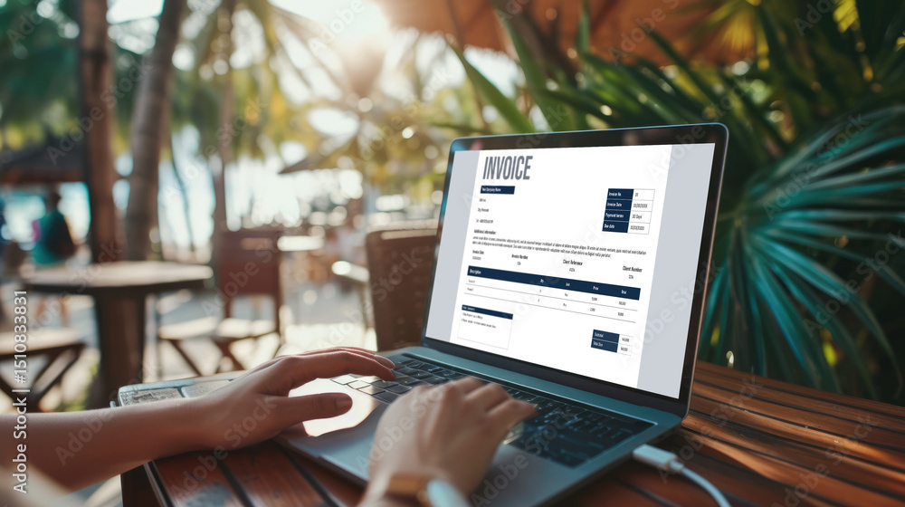 Poster invoice on computer screen from accounting application. computer program for financial and budget of