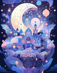 Whimsical scene with crescent moon, stars, village, lush greenery, flowers, plants, mushrooms, dreamy enchanting composition.