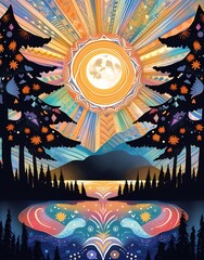 Vibrant anime night landscape illustration, sunset, crescent moon, stylized pine trees