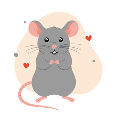 Cute Cartoon Gray Mouse with Pink Ears and Hearts on a Light Background Illustration
